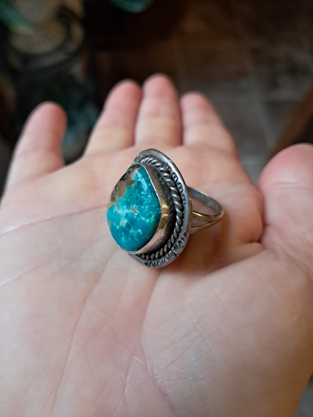 Vintage Navajo Style Sterling Silver Turquoise Shield Statement Ring - Size 8